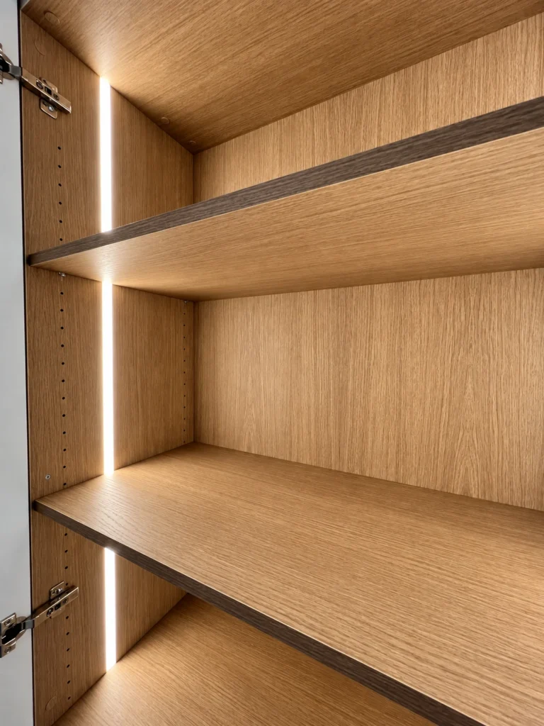 Vertical LED strip illuminating wood wardrobe shelves and interior